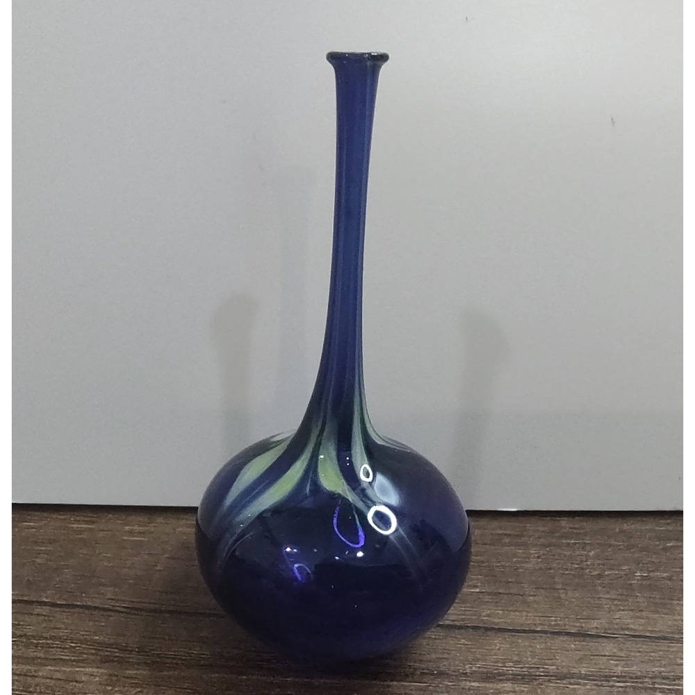 Hand Blown Bud Vase Swirl Tear Drop Shape Dark Blue Light Yellow 3.5" Vtg